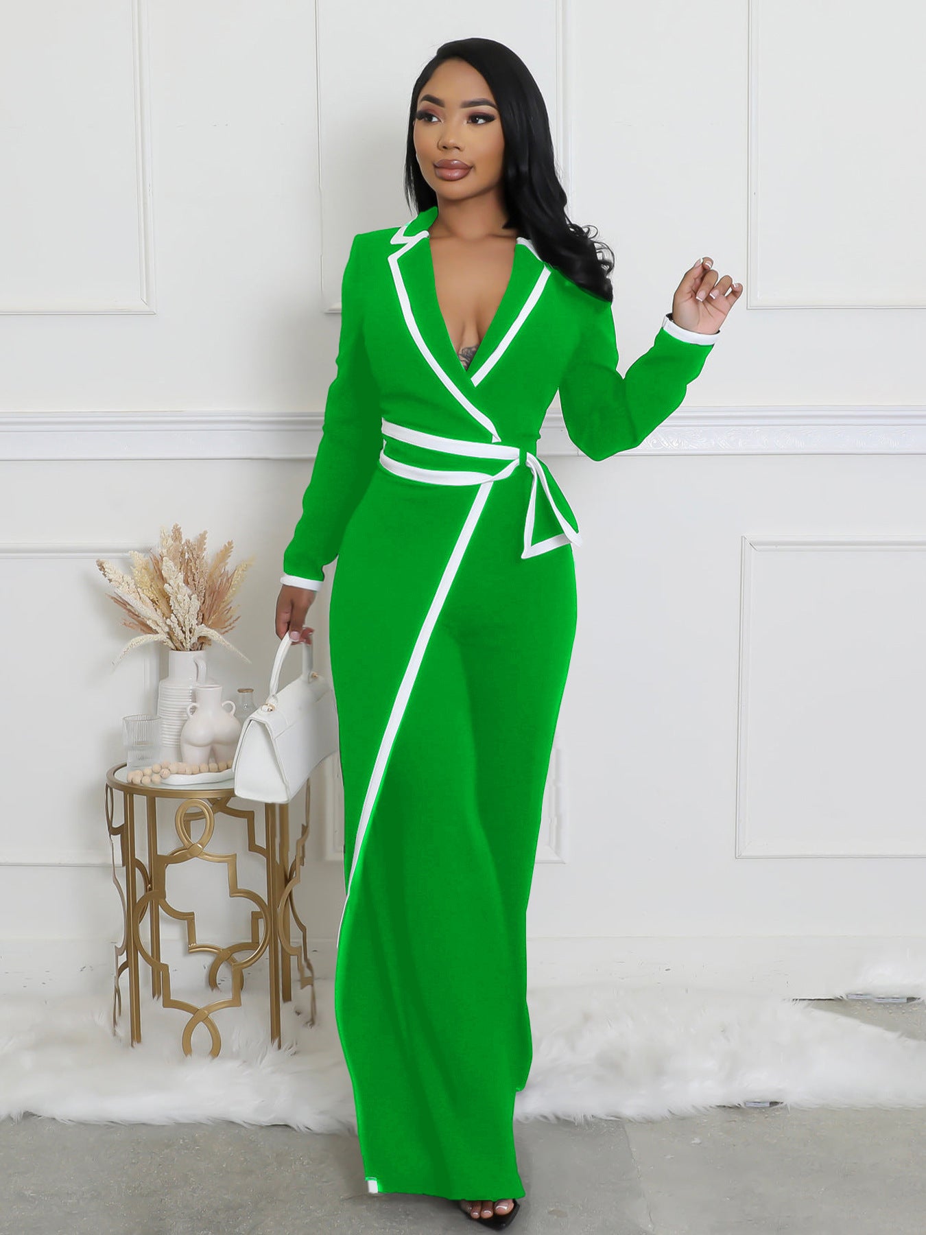 VVZ Women's Color-Block Patchwork Lapel Jumpsuit with Shoulder Pads