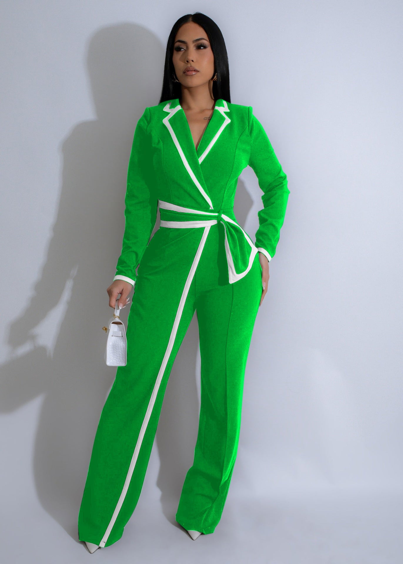 VVZ Women's Color-Block Patchwork Lapel Jumpsuit with Shoulder Pads