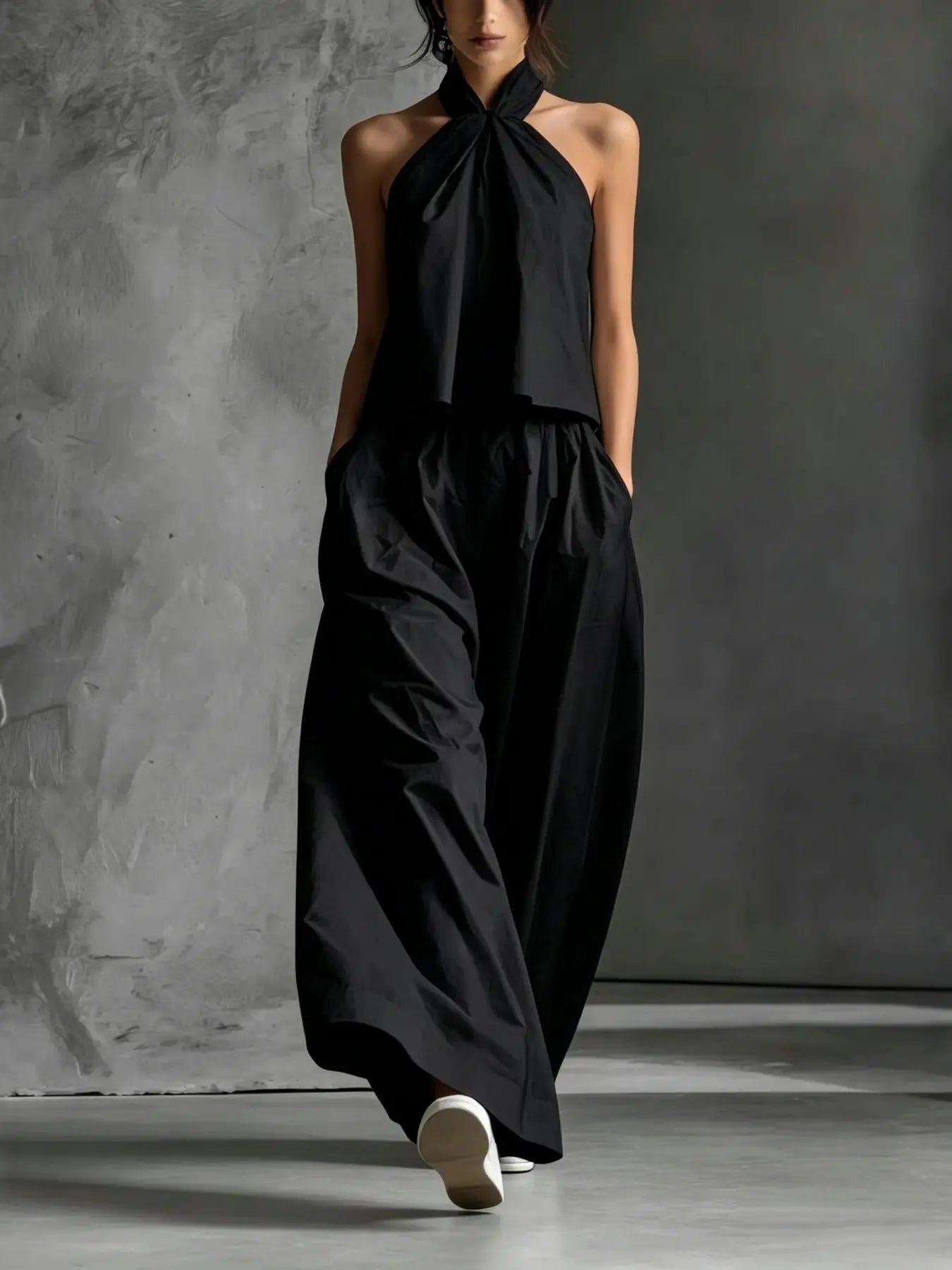 VVZ Loose-neckline sleeveless top and high-waisted wide-leg trousers