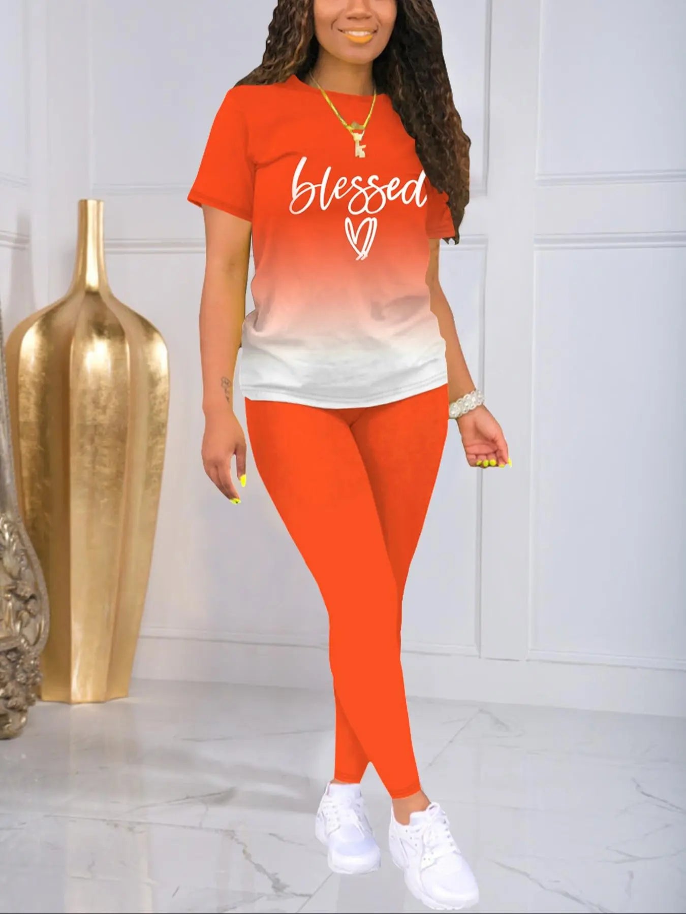 VVZ Women's Gradient Print T-Shirt and Slim-Fit Leggings Two-Piece Se