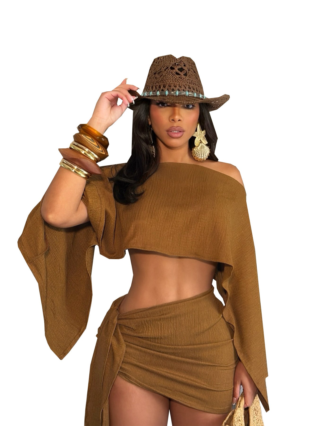 VVZ Women's Stylish Asymmetrical-Collar Top and Slim-Fit Skirt Set