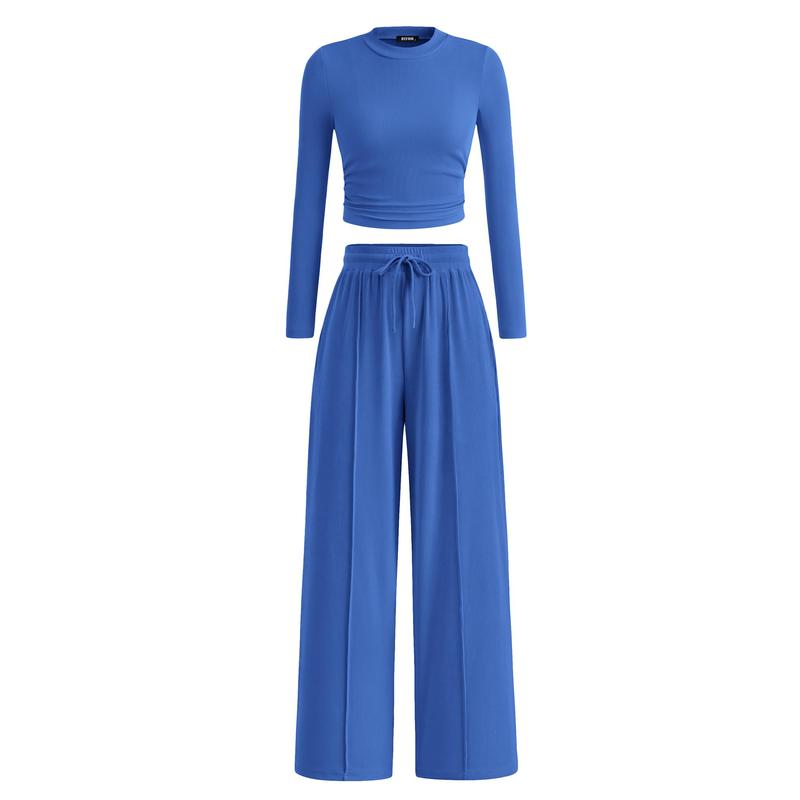 VVZ 2-Piece Ribbed Knit Long Sleeve Crop Top Wide Leg Pants Matching Lounge Set Loungewear
