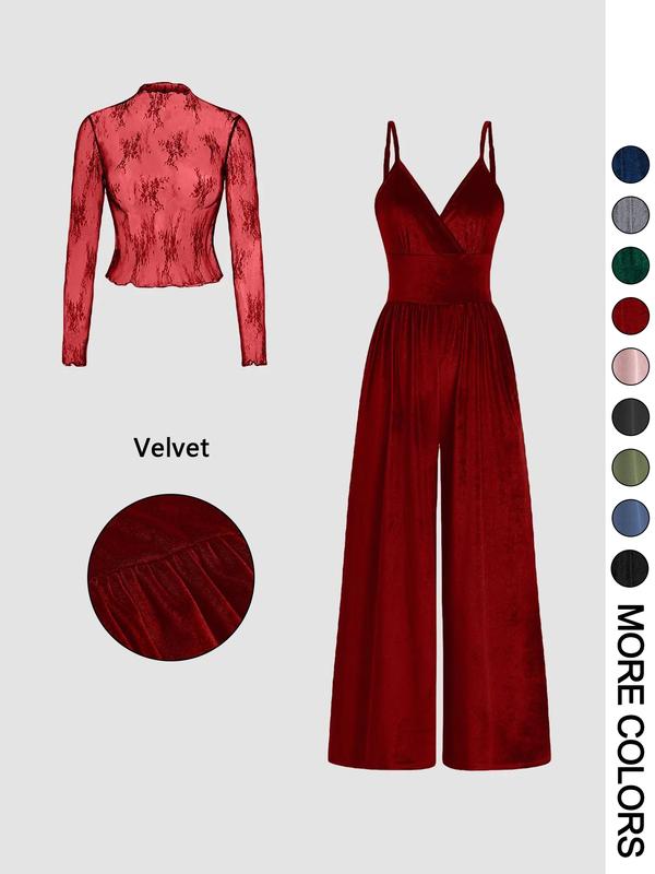 VVZ Women's Solid Color Lace Tee & Pocket Jumpsuit Two-piece Set