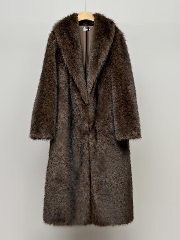 VVZ Women's Solid Color Open Faux Fur Coat, Elegant Long Sleeve Waterfall Collar Outerwear