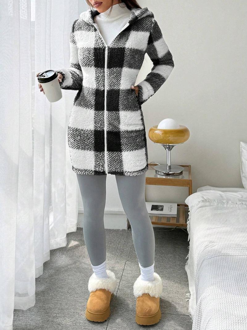 VVZ Women's Plaid Fleece Long Sleeve Hooded Coat, Mid-Weight Longline Outerwear