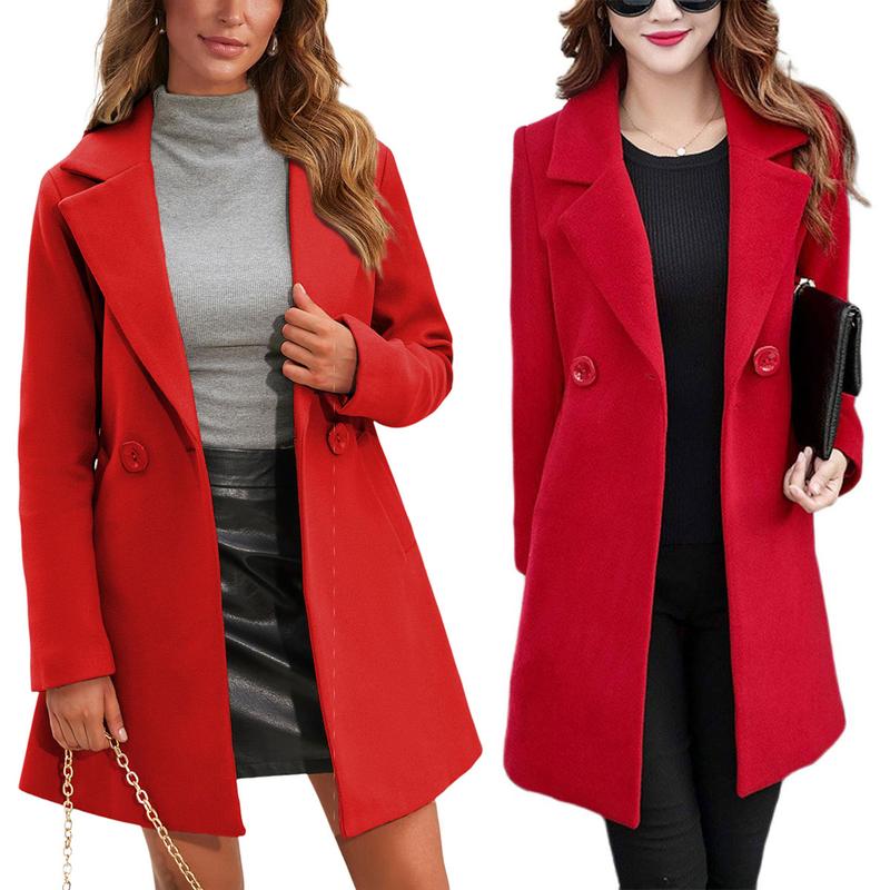 VVZ Women Winter  Camel Mid-Long Coat Notch Double-Breasted Lapel Jacket Outwear