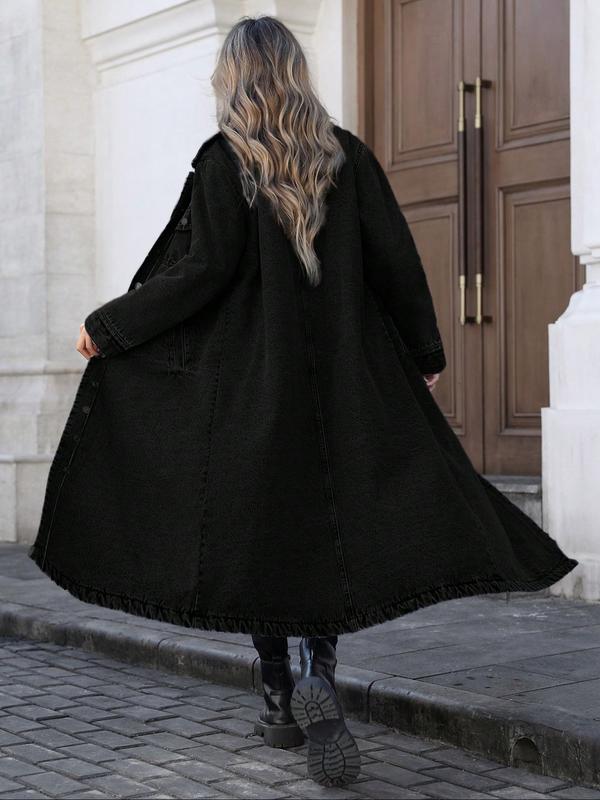 VVZ Women's Button Front Denim Coat, Elegant Casual Long Sleeve Outerwear