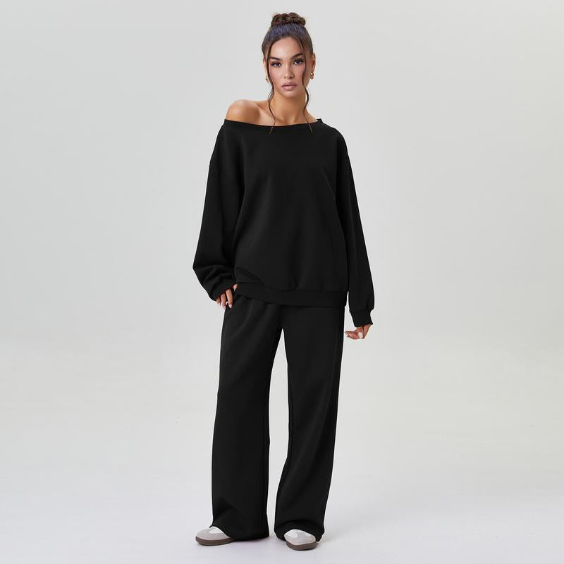 VVZ Women's Leisure Solid Color Sloping Shoulder Trousers Two Piece