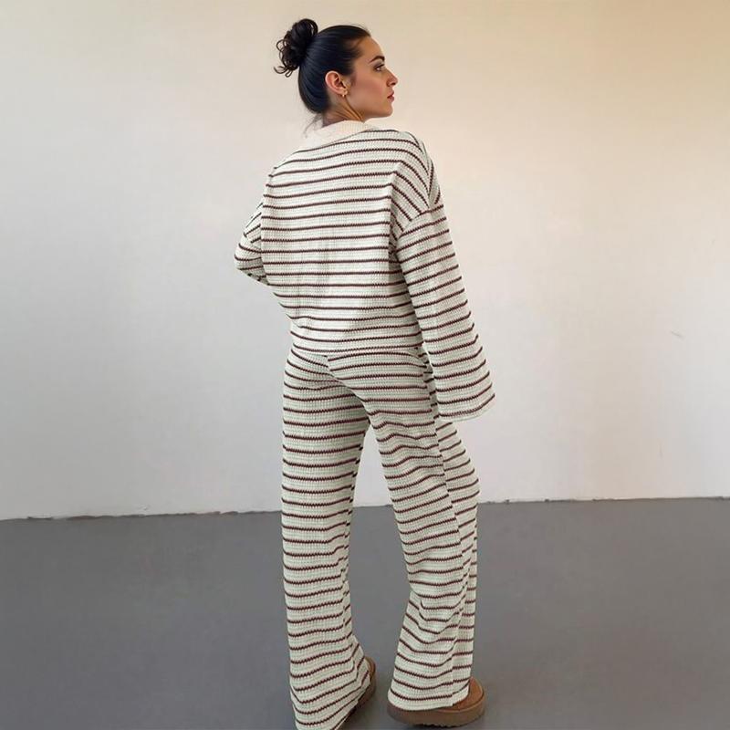 VVZ Women's Casual Color Matching Stripe Long Sleeve Top & Wide Leg Trousers Co-ord