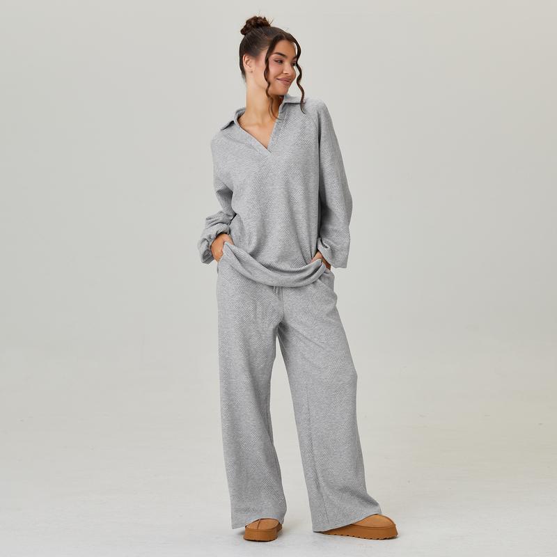 VVZ Women's Slouchy Solid Color V-Neck Loose Textured Pullover & Drawstring Waist Trousers Co-ord