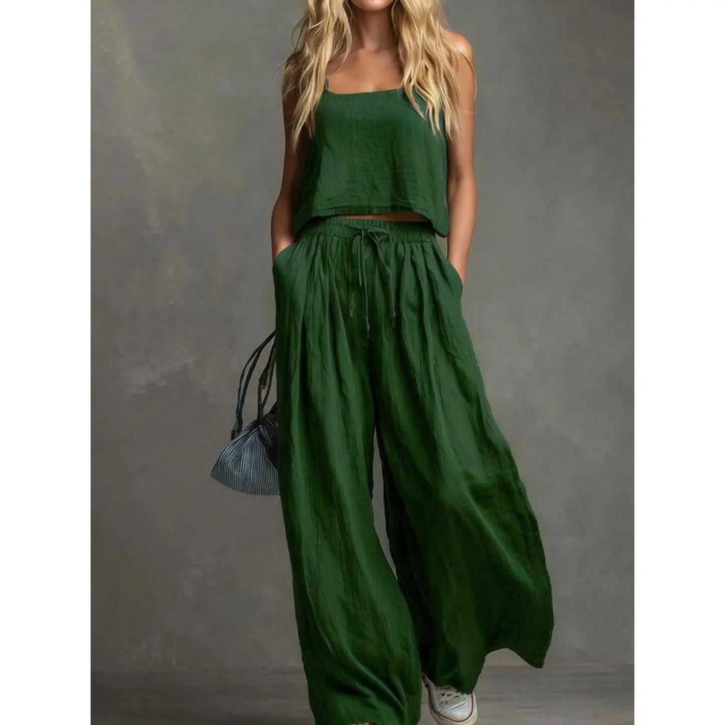 VVZ Spring/Summer Women's Solid-Color Casual Strappy Top and Wide-Leg Pants Set