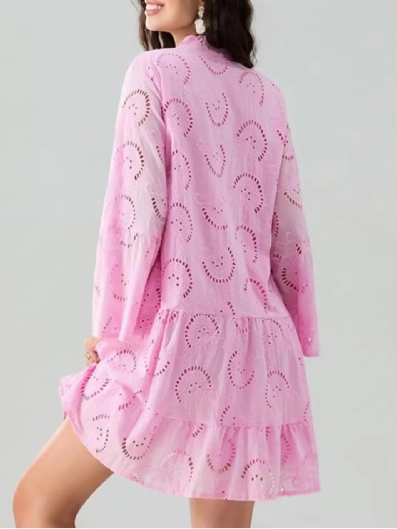 VVZ Plain Eyelet Embroidery Notched Neck Long Sleeve Smock Dress