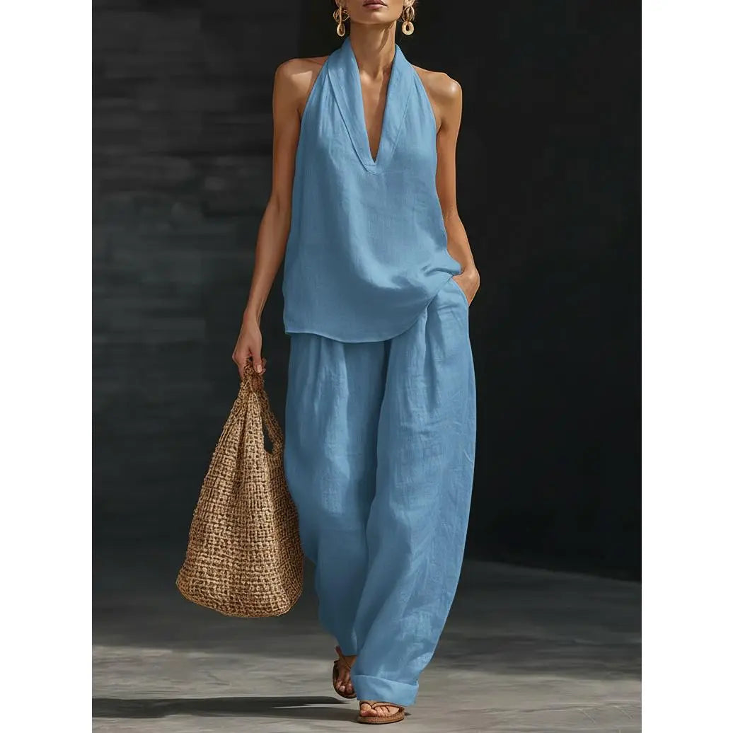 VVZ Women's Casual Two-Piece Set: Halter-Neck, Sleeveless, V-Neck