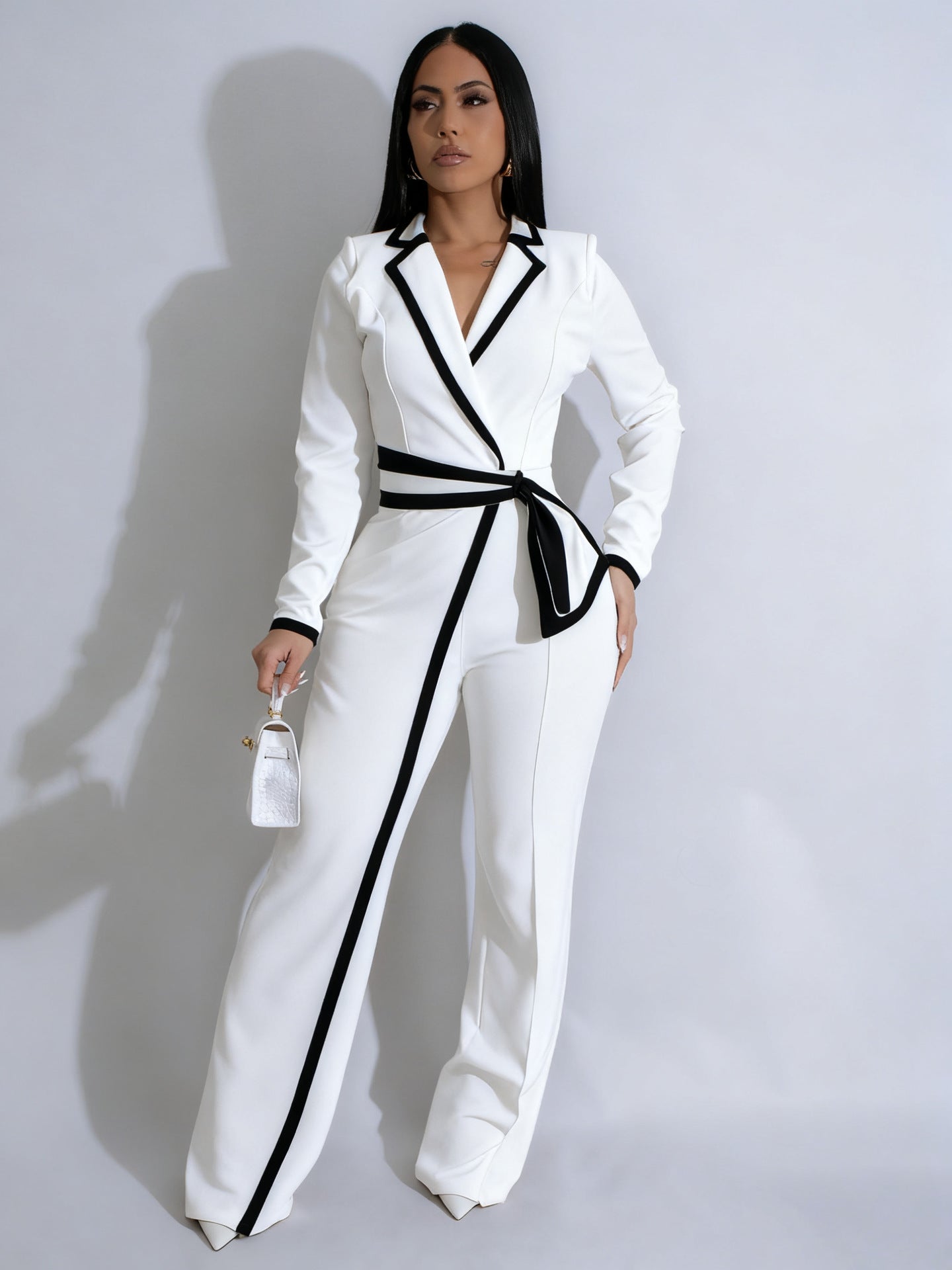 VVZ Women's Color-Block Patchwork Lapel Jumpsuit with Shoulder Pads