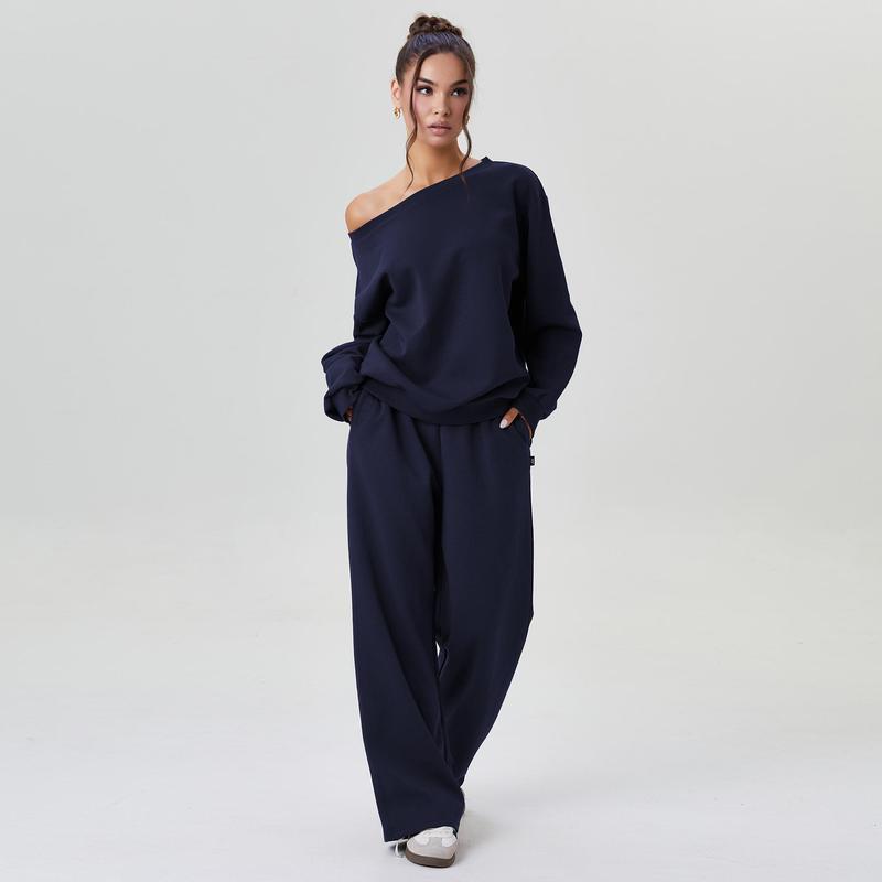 VVZ Women's Leisure Solid Color Sloping Shoulder Trousers Two Piece
