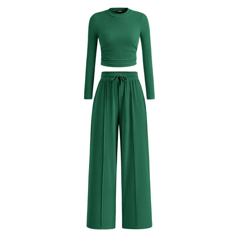 VVZ 2-Piece Ribbed Knit Long Sleeve Crop Top Wide Leg Pants Matching Lounge Set Loungewear