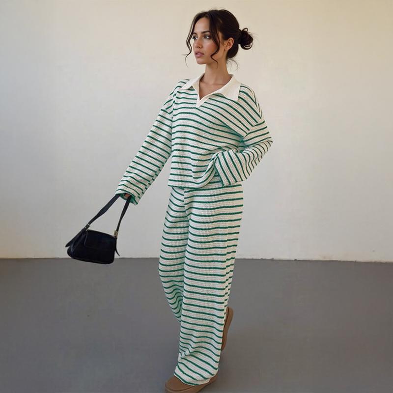 VVZ Women's Casual Color Matching Stripe Long Sleeve Top & Wide Leg Trousers Co-ord