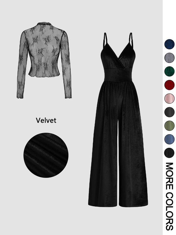 VVZ Women's Solid Color Lace Tee & Pocket Jumpsuit Two-piece Set