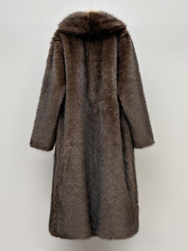 VVZ Women's Solid Color Open Faux Fur Coat, Elegant Long Sleeve Waterfall Collar Outerwear
