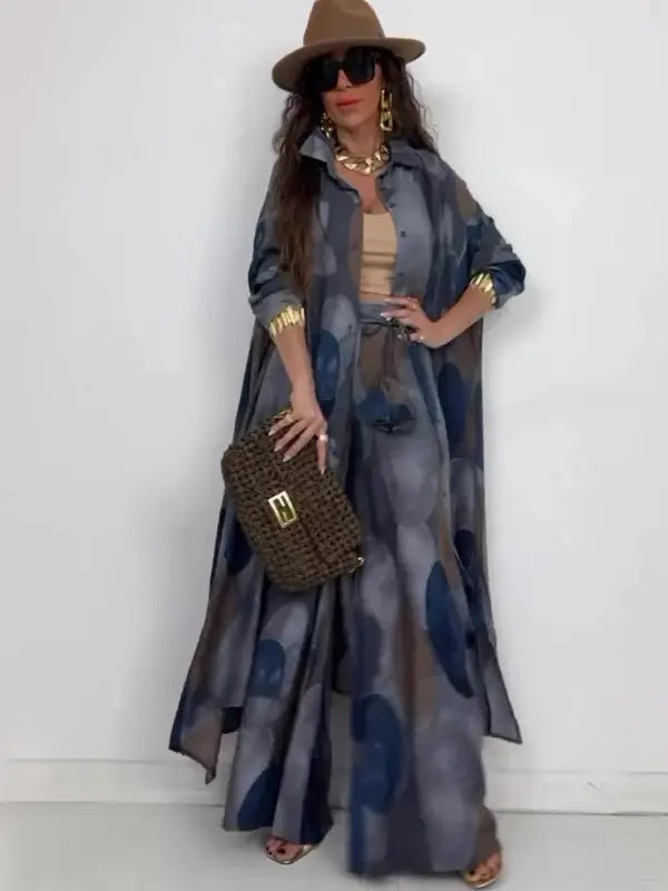 VVZ Elegant, Sexy, and Stylish Printed Top and Wide-Leg Pants Set