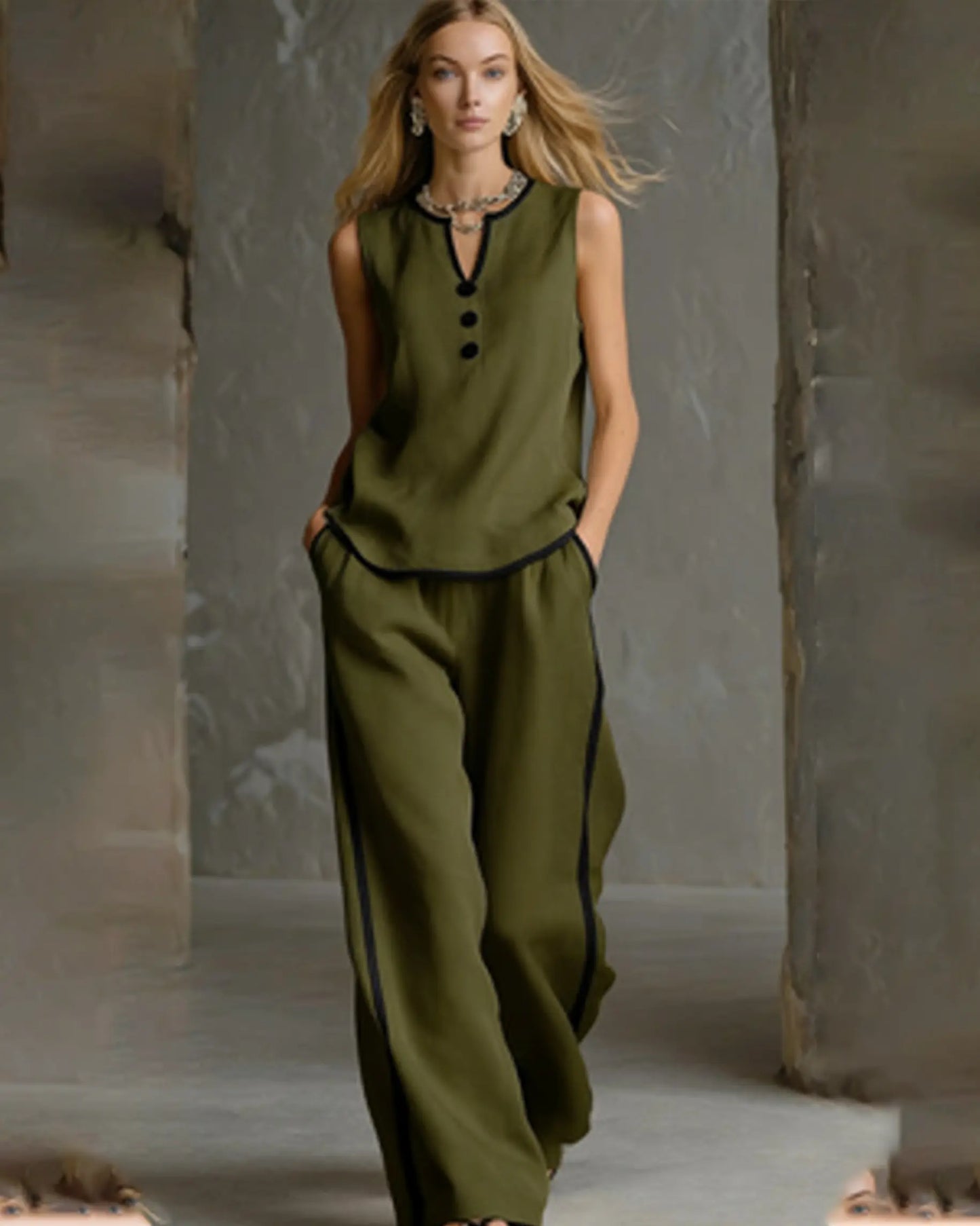 VVZ Women's Color-Block Piping V-Neck Loungewear Set
