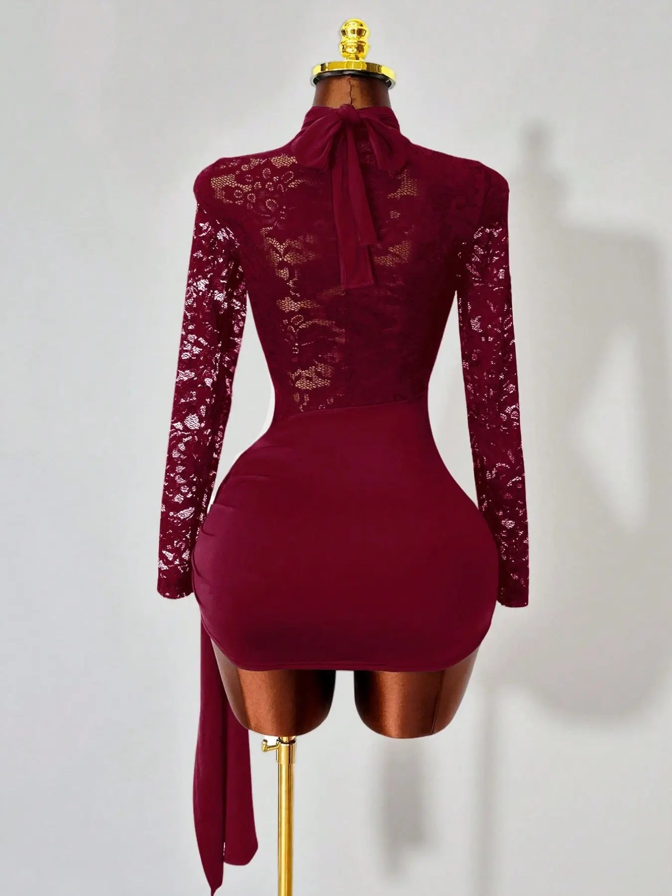 VVZ Women's Halter-Neck Lace Long-Sleeve Slim-Fit Dress