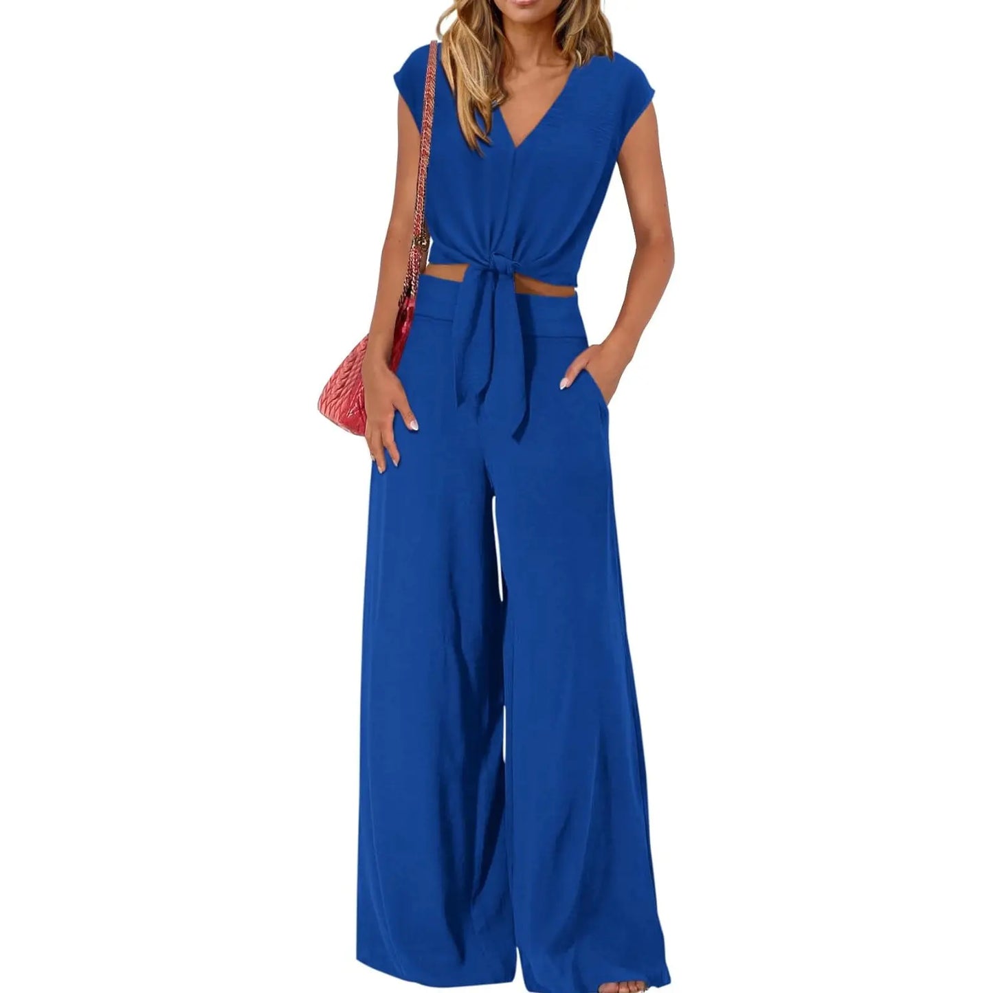 VVZ Short-sleeved V-neck cropped top with tie and wide-leg pants