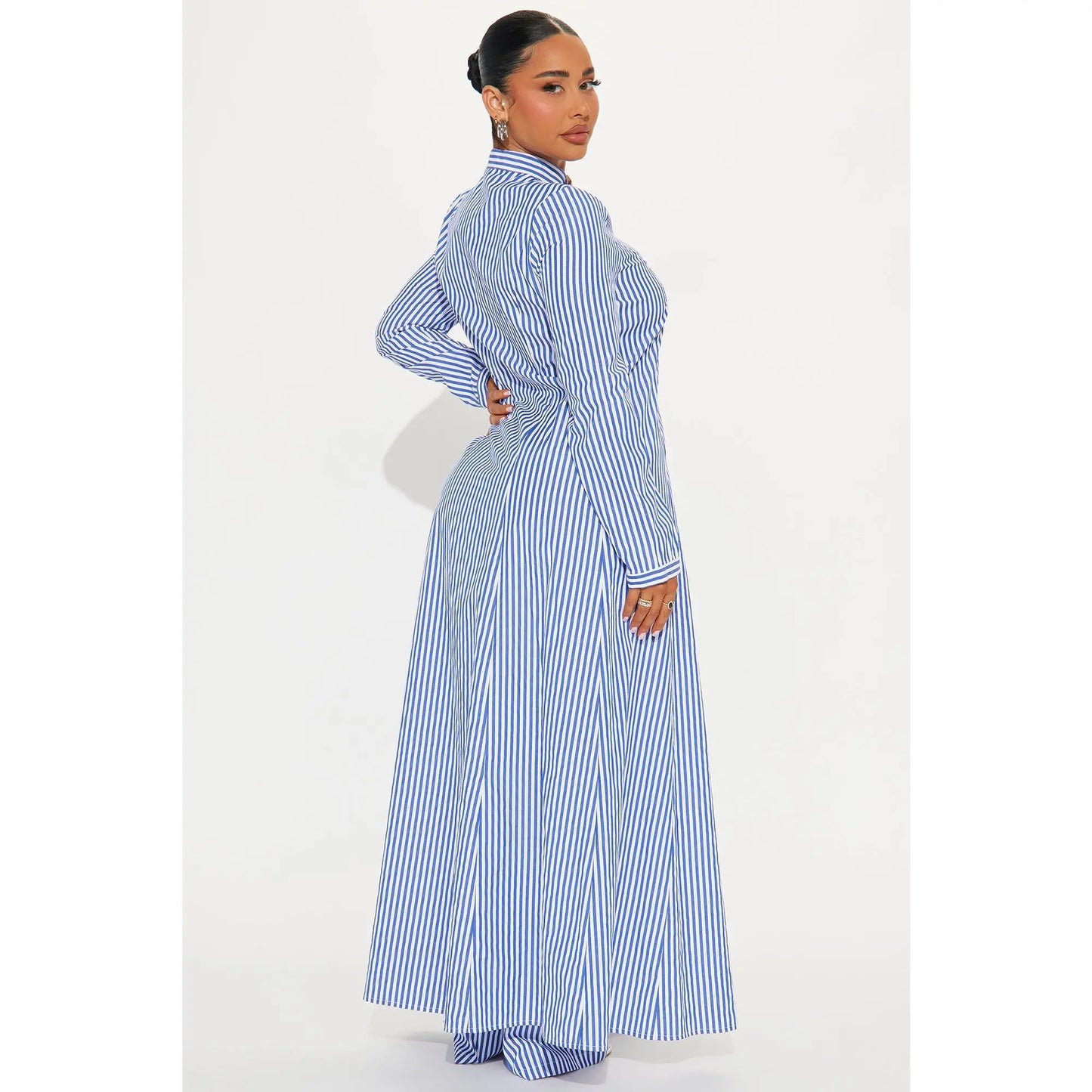 VVZ Elegant Striped Longline Cardigan Shirt & Casual Wide-Leg Trousers