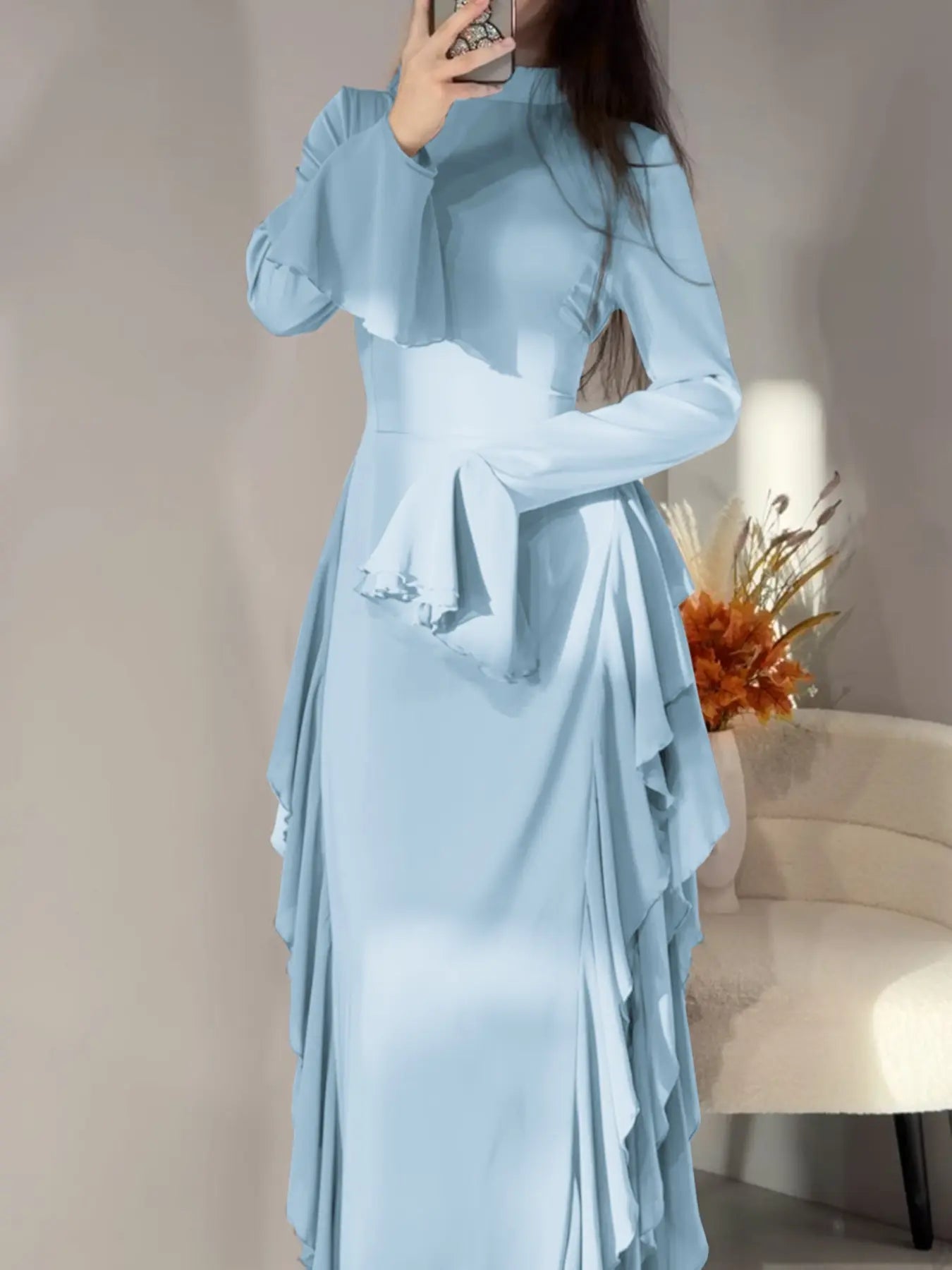 VVZ Solid-Color Waist-Cinching Maxi Dress with Flared Sleeves