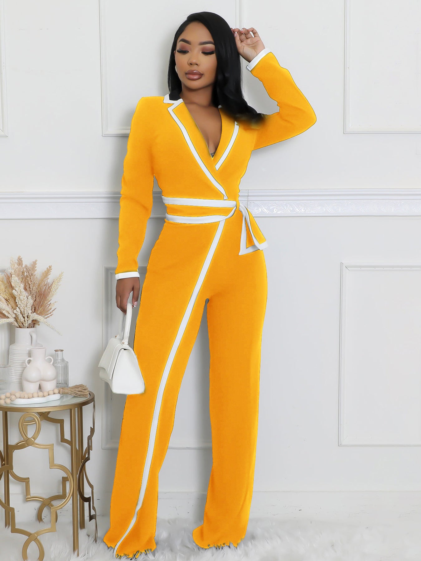 VVZ Women's Color-Block Patchwork Lapel Jumpsuit with Shoulder Pads