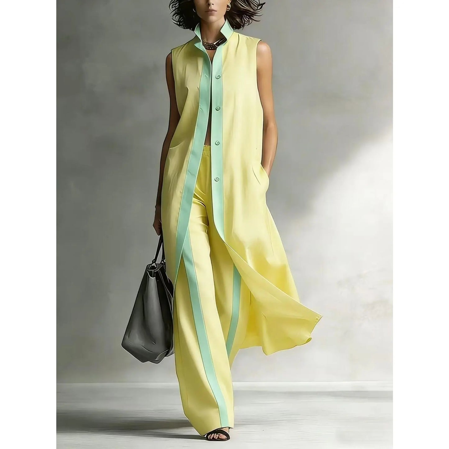 VVZ Sleeveless Long Vest and Wide-Leg Pants Set