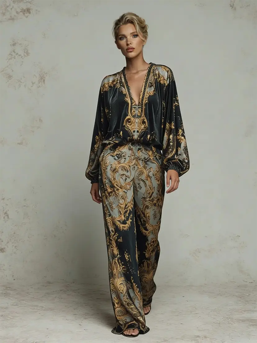 VVZ Deep V-Neck Top and High-Waisted Wide-Leg Pants