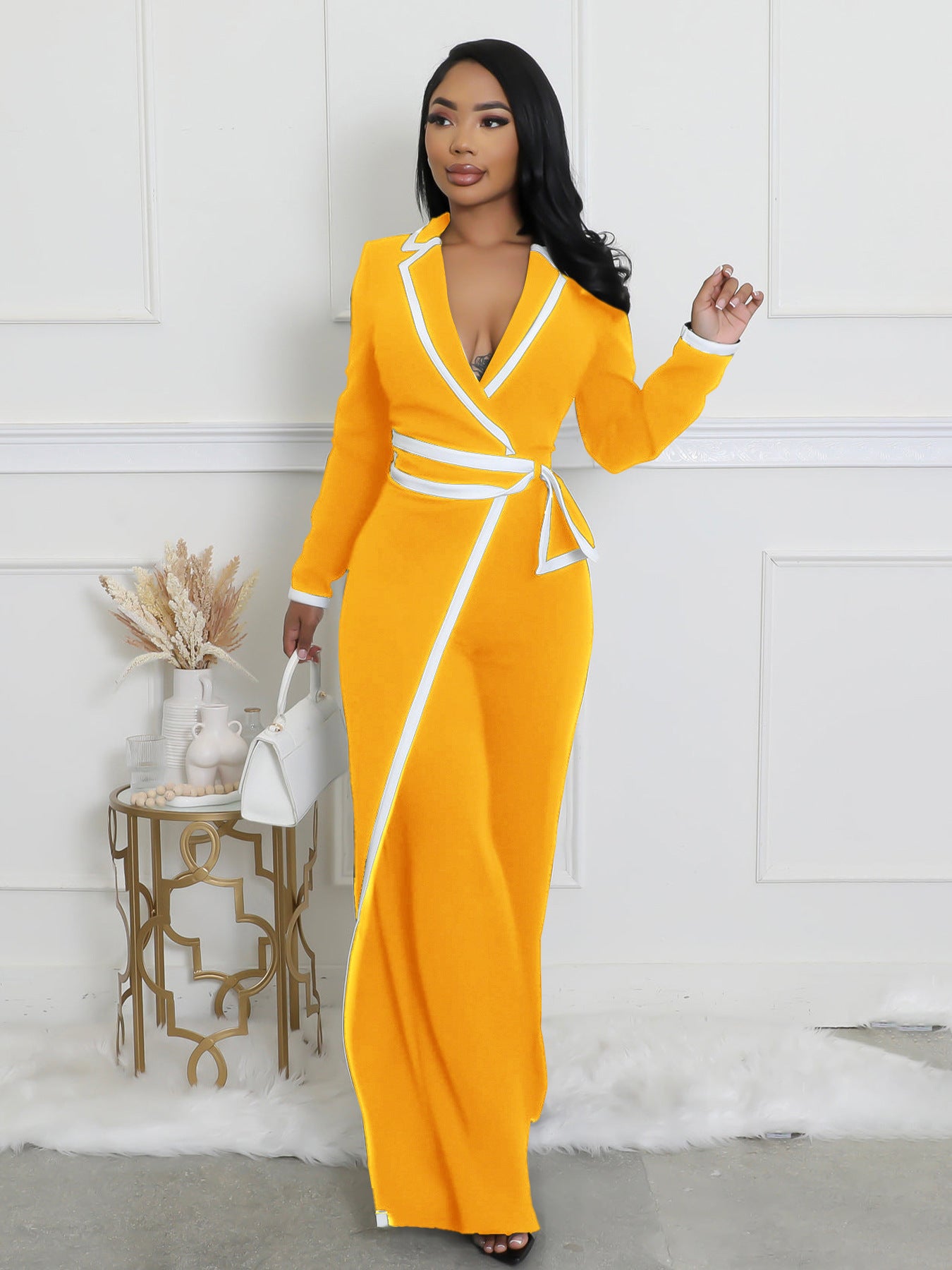 VVZ Women's Color-Block Patchwork Lapel Jumpsuit with Shoulder Pads