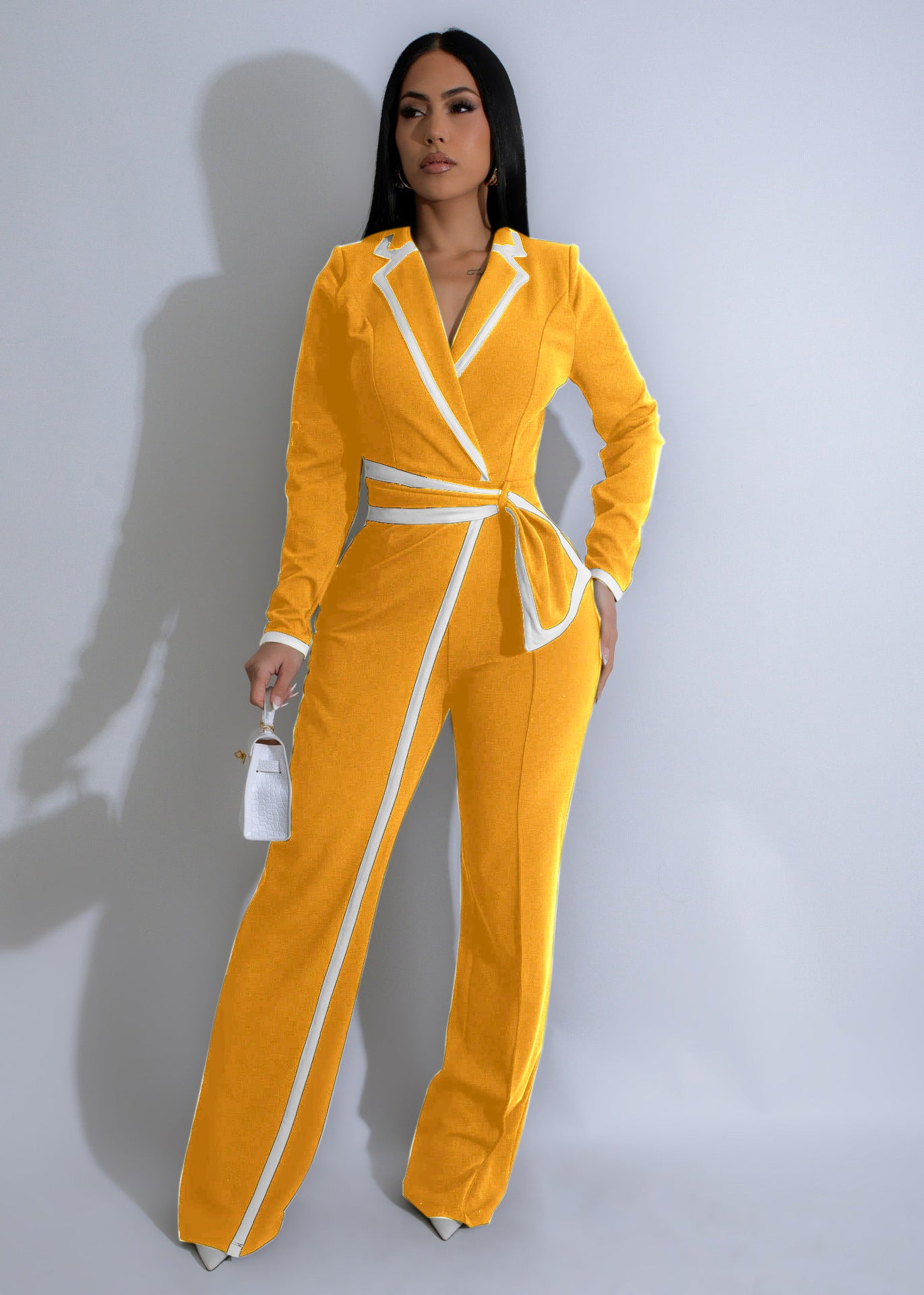 VVZ Women's Color-Block Patchwork Lapel Jumpsuit with Shoulder Pads