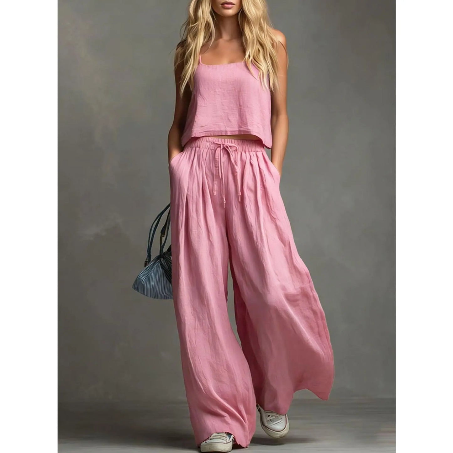 VVZ Spring/Summer Women's Solid-Color Casual Strappy Top and Wide-Leg Pants Set