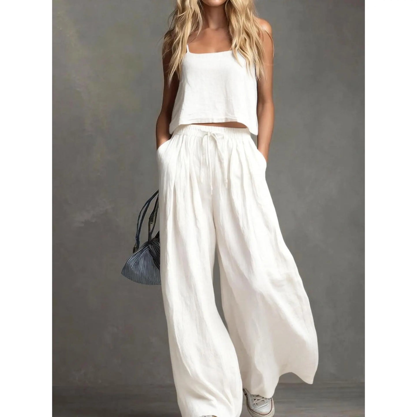 VVZ Spring/Summer Women's Solid-Color Casual Strappy Top and Wide-Leg Pants Set