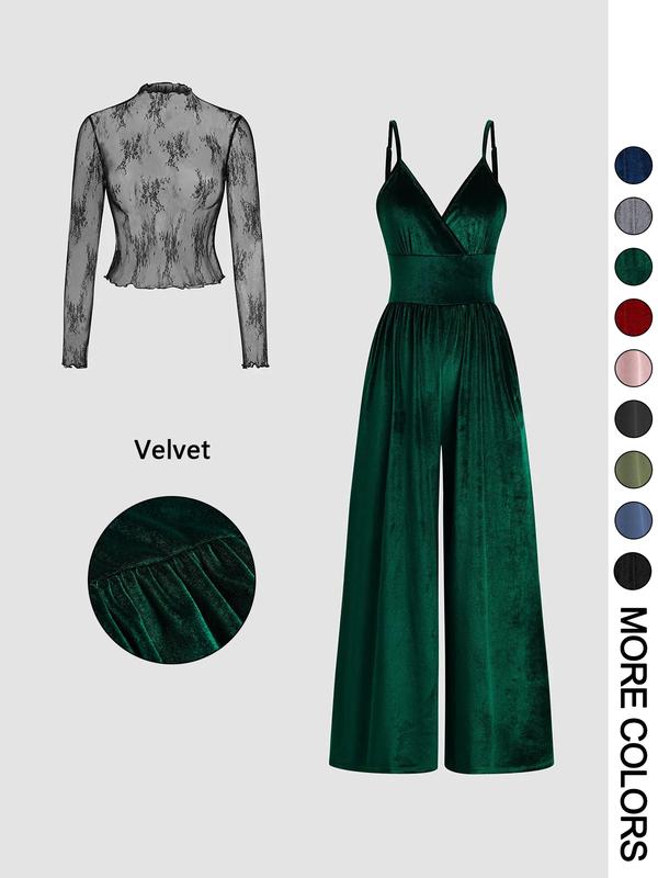 VVZ Women's Solid Color Lace Tee & Pocket Jumpsuit Two-piece Set