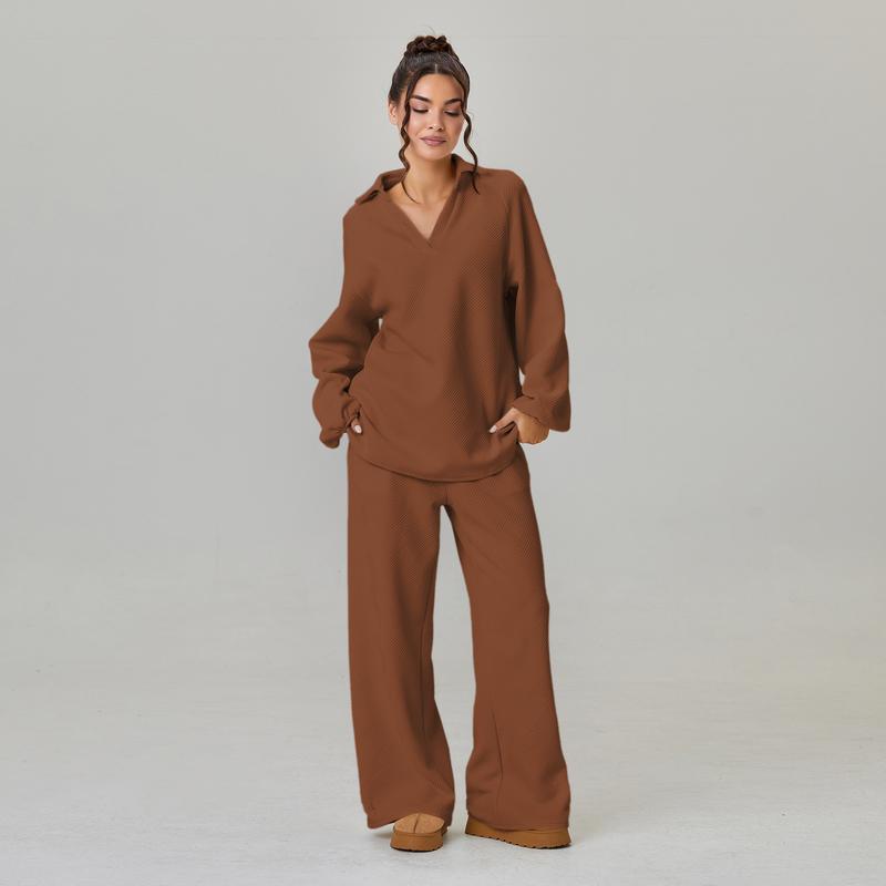 VVZ Women's Slouchy Solid Color V-Neck Loose Textured Pullover & Drawstring Waist Trousers Co-ord