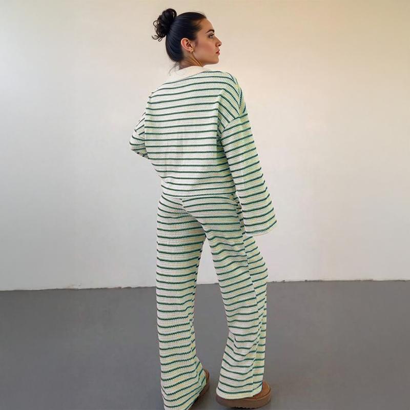 VVZ Women's Casual Color Matching Stripe Long Sleeve Top & Wide Leg Trousers Co-ord