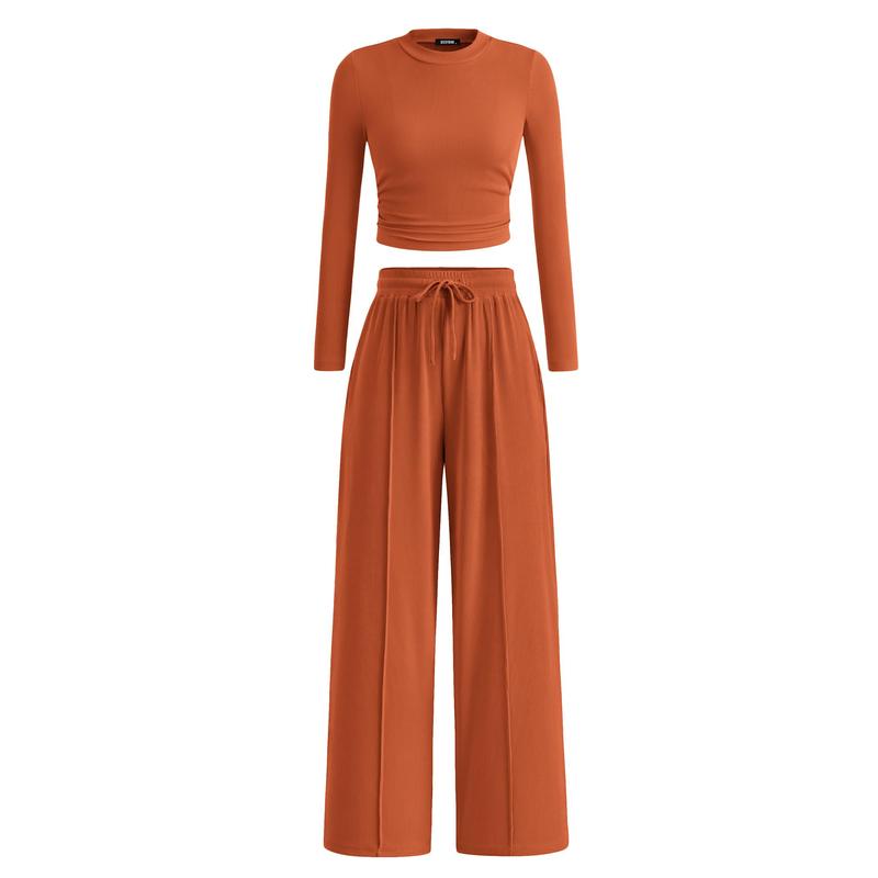 VVZ 2-Piece Ribbed Knit Long Sleeve Crop Top Wide Leg Pants Matching Lounge Set Loungewear