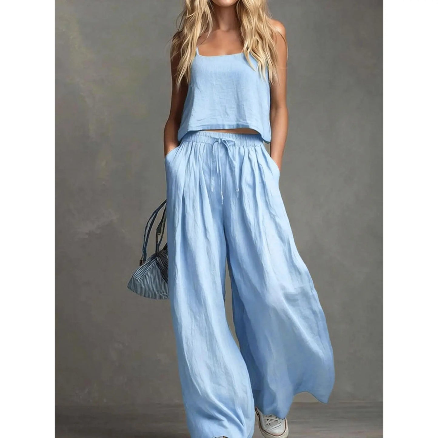 VVZ Spring/Summer Women's Solid-Color Casual Strappy Top and Wide-Leg Pants Set