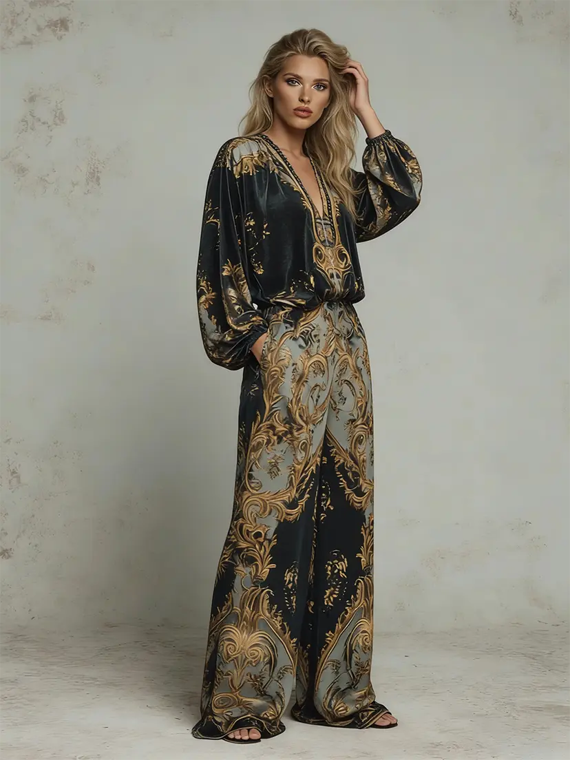 VVZ Deep V-Neck Top and High-Waisted Wide-Leg Pants