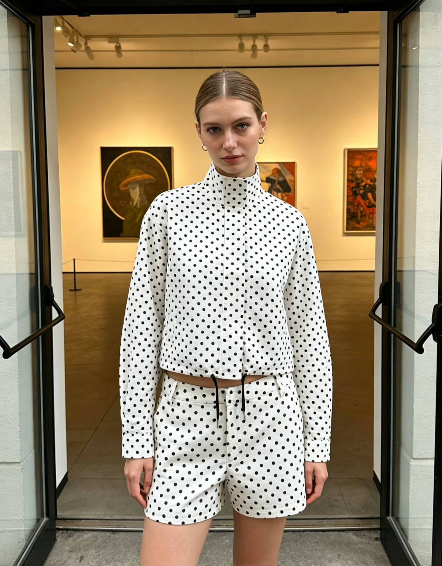 VVZ Retro Polka-Dot Stand-Collar Long-Sleeve Blazer and Shorts Set