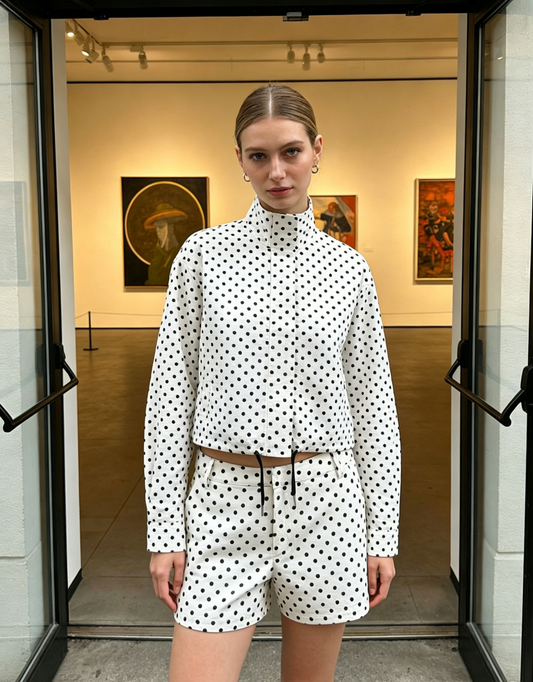 VVZ Retro Polka-Dot Stand-Collar Long-Sleeve Blazer and Shorts Set