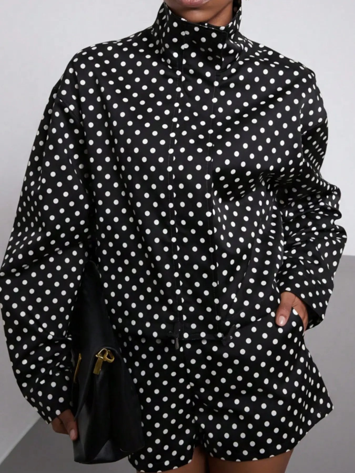VVZ Retro Polka-Dot Stand-Collar Long-Sleeve Blazer and Shorts Set