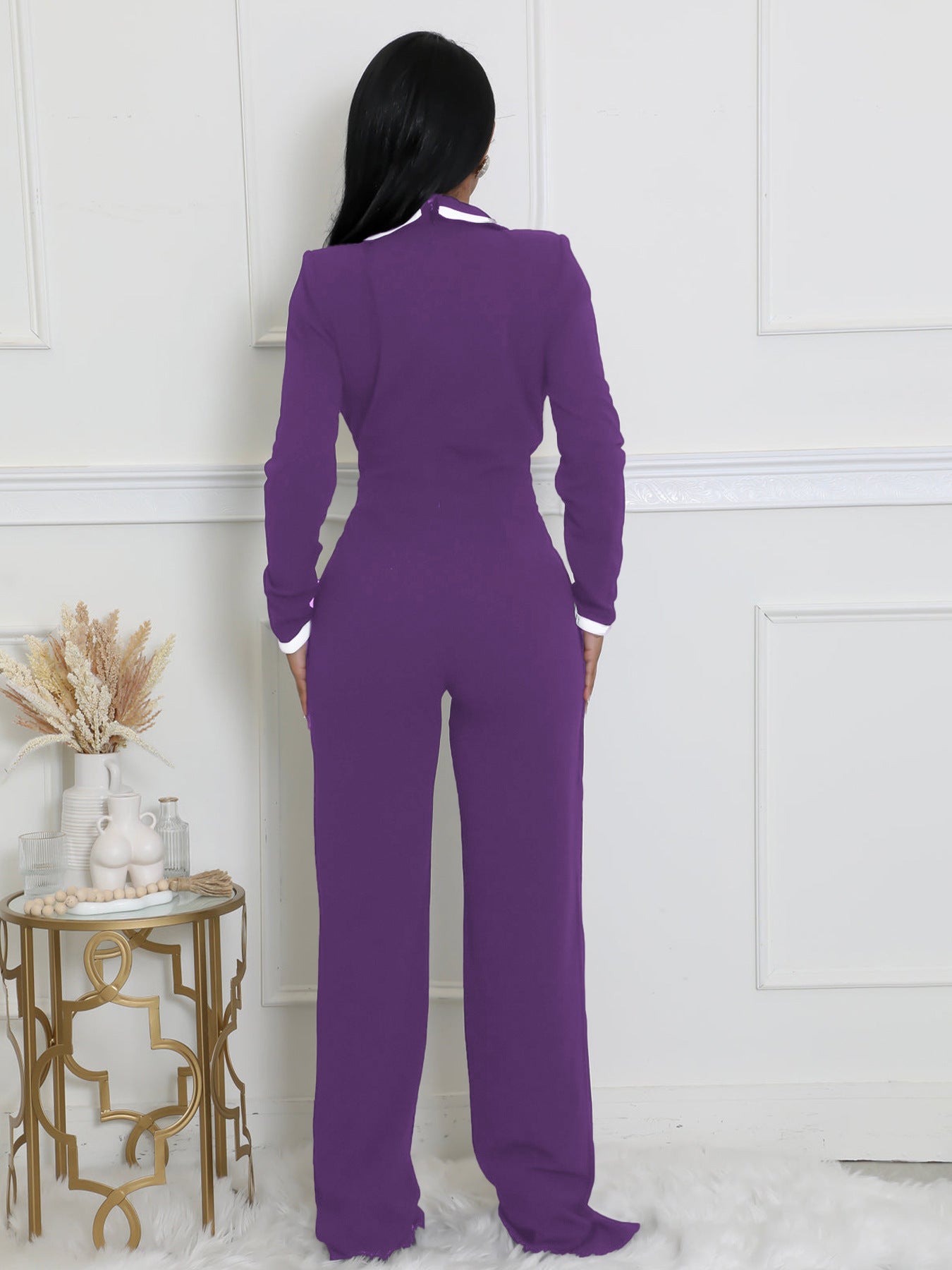 VVZ Women's Color-Block Patchwork Lapel Jumpsuit with Shoulder Pads