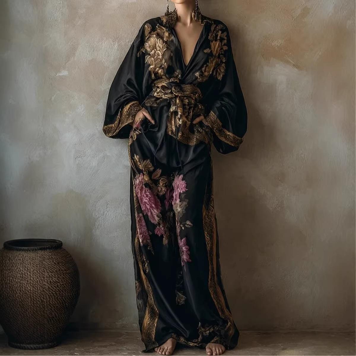 VVZ Sexy deep-V top with retro print and wide-leg trousers