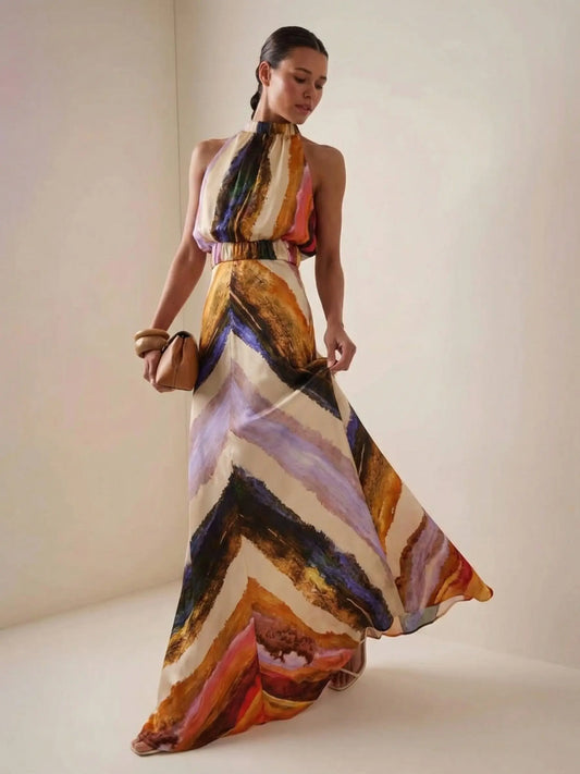 VVZ Elegant Abstract-Print Vest and High-Waisted Maxi Skirt Set
