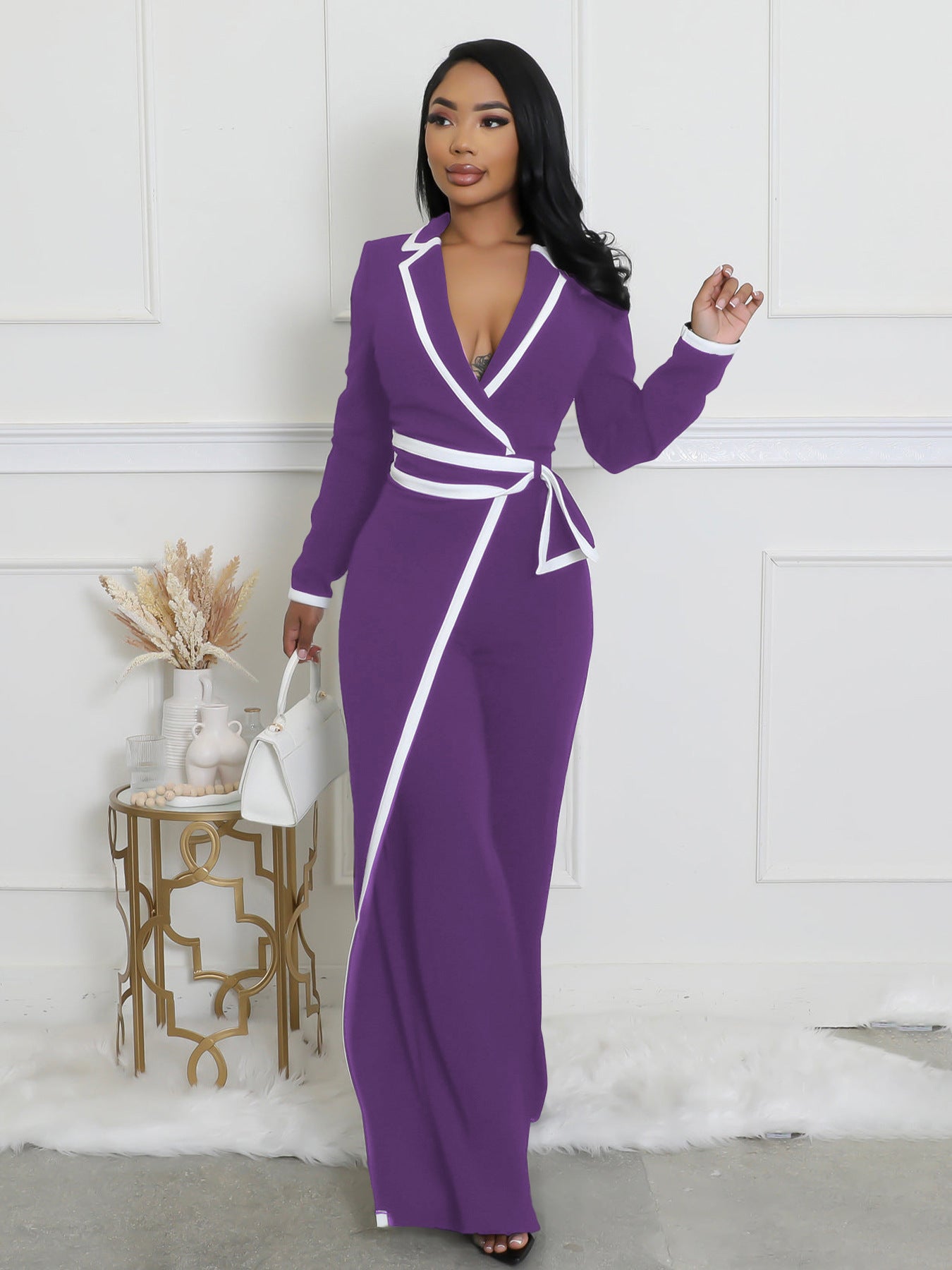 VVZ Women's Color-Block Patchwork Lapel Jumpsuit with Shoulder Pads