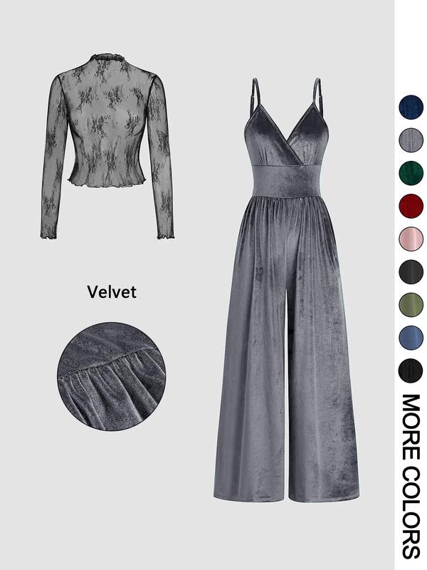 VVZ Women's Solid Color Lace Tee & Pocket Jumpsuit Two-piece Set